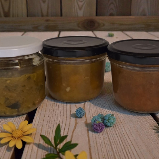 Drei Gläser mit schwarzen Deckeln stehen auf einem Holztisch neben einer gelben Blume und einigen kleinen Pflanzen. Die Gläser enthalten eine bräunliche, möglicherweise klumpige Substanz.