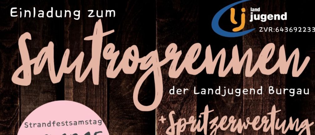 Plakat für die Strandparty der Jugend Burgau am 2. August 2025, Beginn um 15 Uhr. Veranstaltung im Schlossbad Burgau. Teams zu zweit, Startgebühr 10€. Badesachen empfohlen! Anmeldung über WhatsApp.