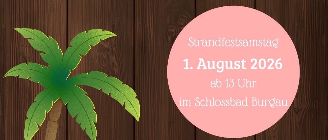 Plakat für eine Strandparty am 1. August 2026 mit einem Schwein im Pool, einer Palme und einem hölzernen Hintergrund.