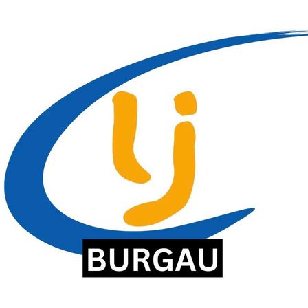 Ein blaues und gelbes Logo mit stilisierten Buchstaben 'Yi' über dem Wort 'BURGAU' in Schwarz, vor weißem Hintergrund.