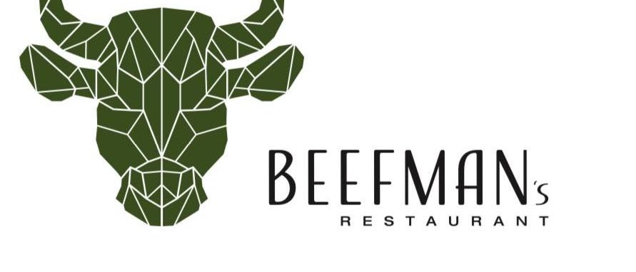 Das Logo für Beefman's Restaurant zeigt einen geometrischen, grünen Bullenkopf. Darunter steht der Text 'BEEFMAN's RESTAURANT'.