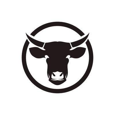 Eine stilisierte Schwarz-Weiß-Illustration eines Bullenkopfes in einem Kreis, der nach vorne gerichtet ist, mit Hörnern und Schnauze.