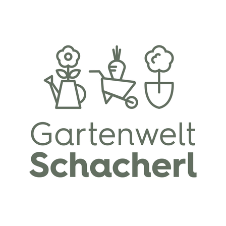 Das Logo von Gartenwelt Schacherl zeigt eine Gießkanne, einen Schubkarren und eine Topfpflanze.