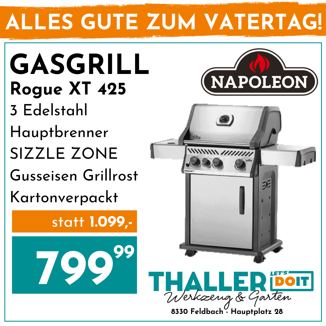 Father's Day sale on the Napoleon Rogue XT 425 gas grill. 3 stainless steel burners, sizzle zone, and cast iron grill grates. Now for 799.99 instead of 1,099.
