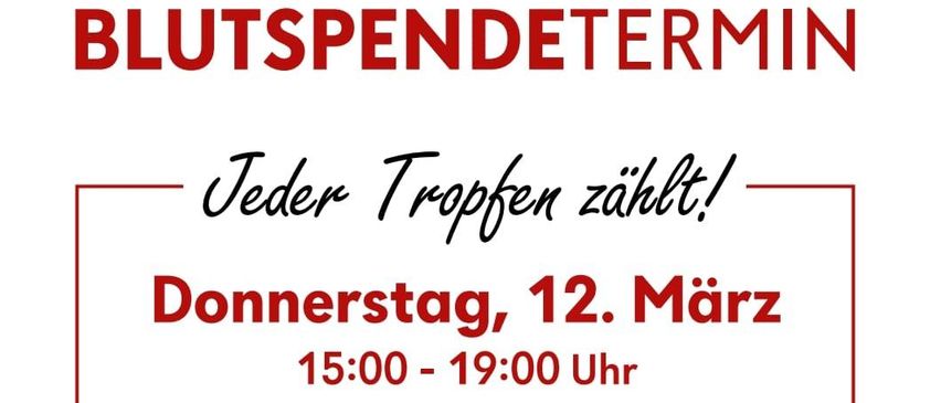 Poster with a woman pointing to a QR code for the Blutspende App, advertising a blood donation event on Thursday, March 12, from 3 PM to 7 PM at Pinggau Volksschule, Schulstraße 17.