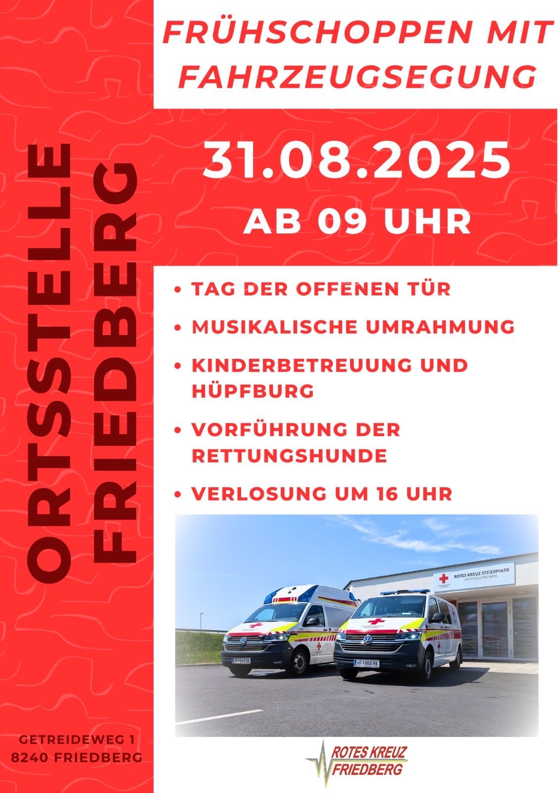 Veranstaltung am 31.08.2025 ab 09:00 Uhr. Aktivitäten umfassen Tag der offenen Tür, musikalische Umrahmung, Kinderbetreuung und Vorführung der Rettungshunde. Der Abschluss erfolgt um 16:00 Uhr.