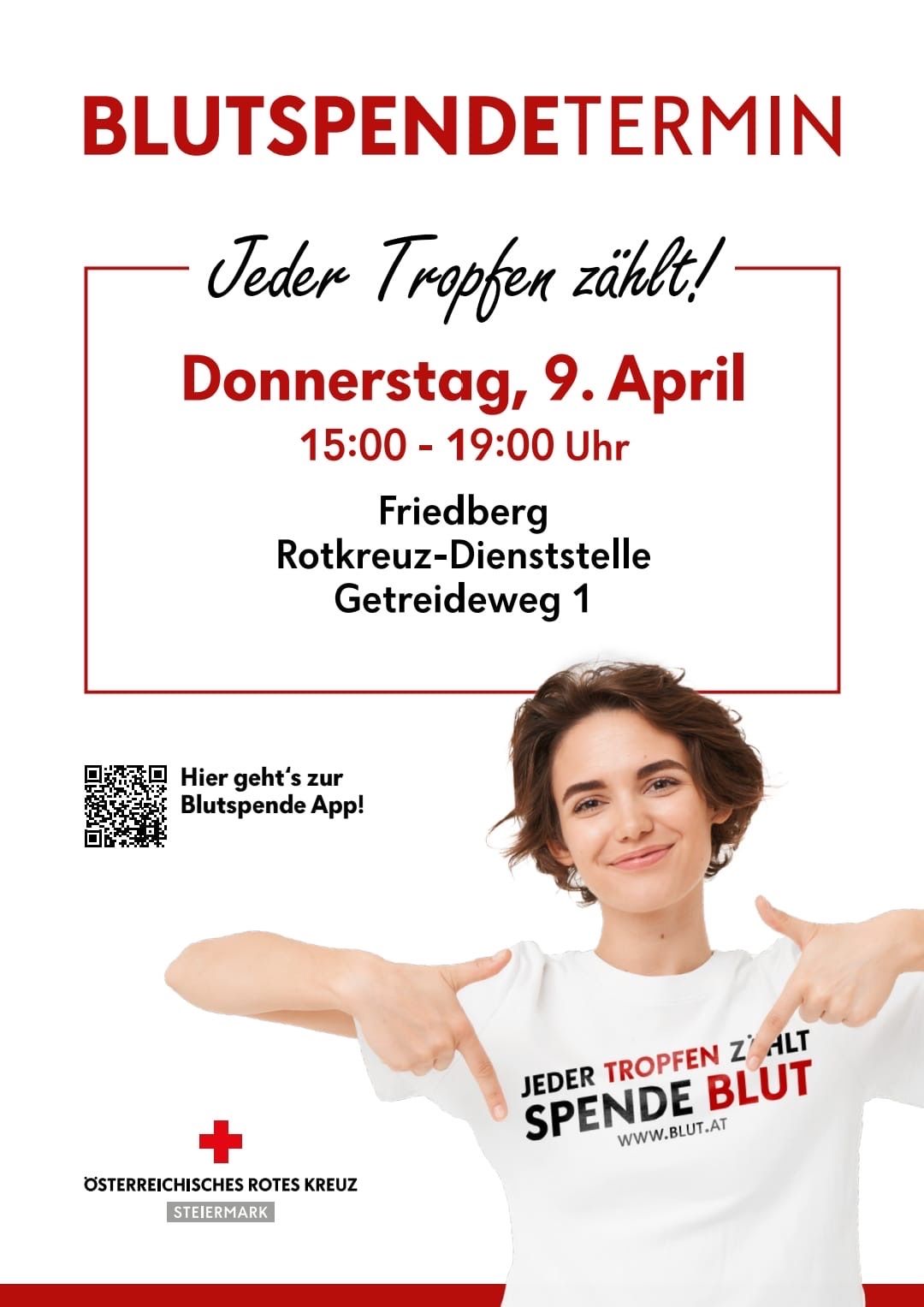 Eine Frau zeigt auf eine Blutspendeveranstaltung am Donnerstag, 9. April, von 15:00 bis 19:00 Uhr in der Rotkreuz-Dienststelle in Friedberg. Der Text ist auf Deutsch.