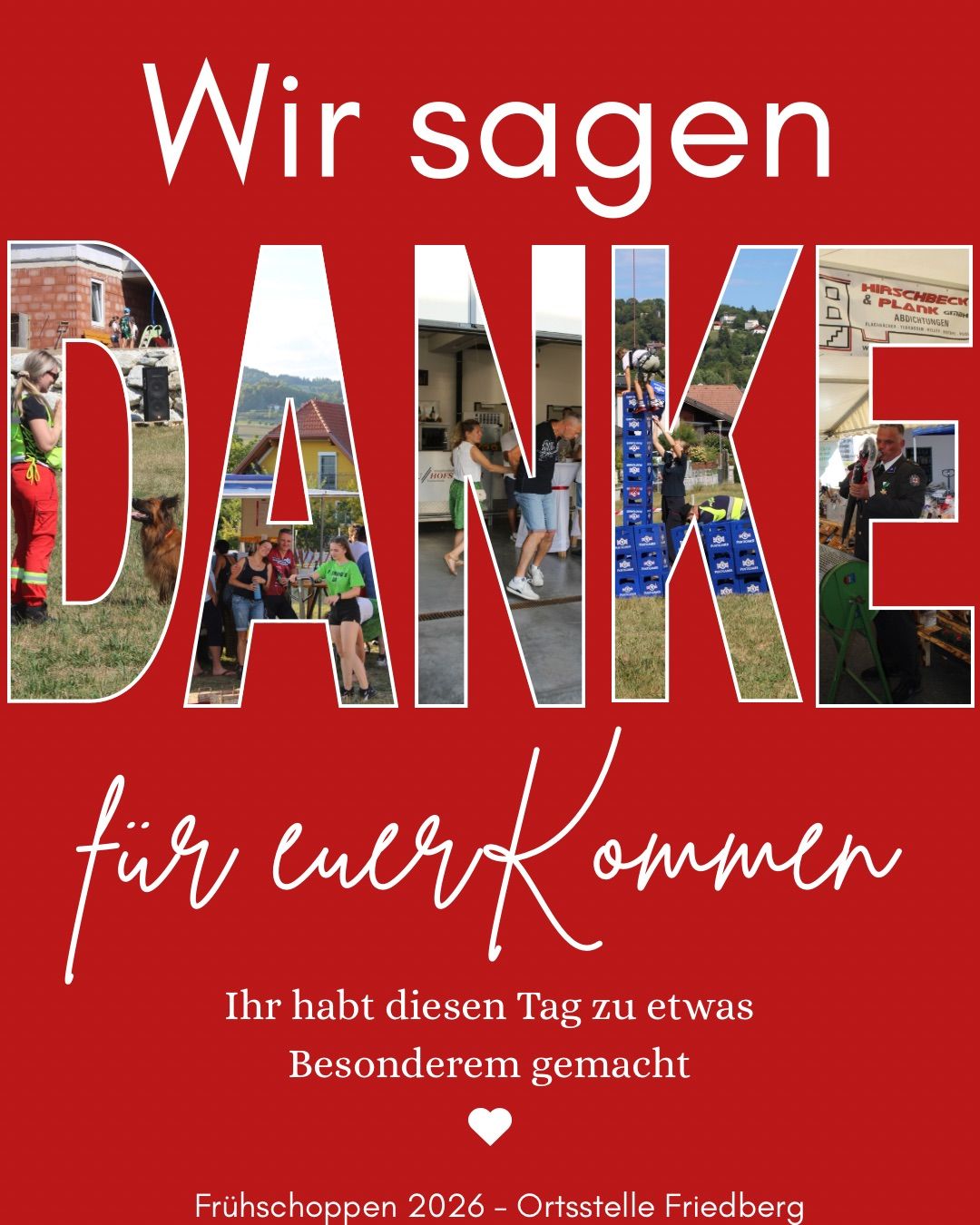 Ein Plakat mit dem Wort 'DANKE', das aus verschiedenen Fotos von Menschen und Aktivitäten besteht, vor einem roten Hintergrund. Es steht 'Wir sagen Danke für euer Kommen'.