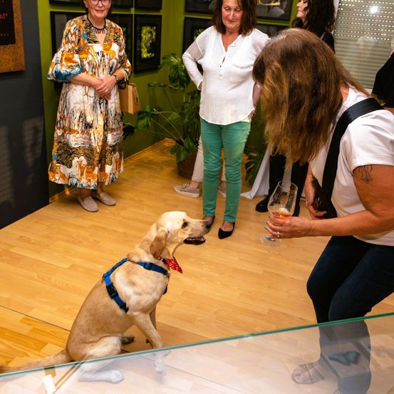 Ein Hund mit Geschirr sitzt auf dem Boden, während eine Frau mit einem Weinglas näherkommt. Andere Leute stehen hinter ihnen, und eine trägt ein Kleid.