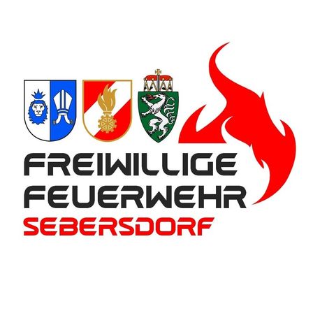 Logo der Freiwilligen Feuerwehr Sebersdorf mit einem Löwen, einem Feueremblem und einer Flamme mit dem Text 'Freiwillige Feuerwehr Sebersdorf'.