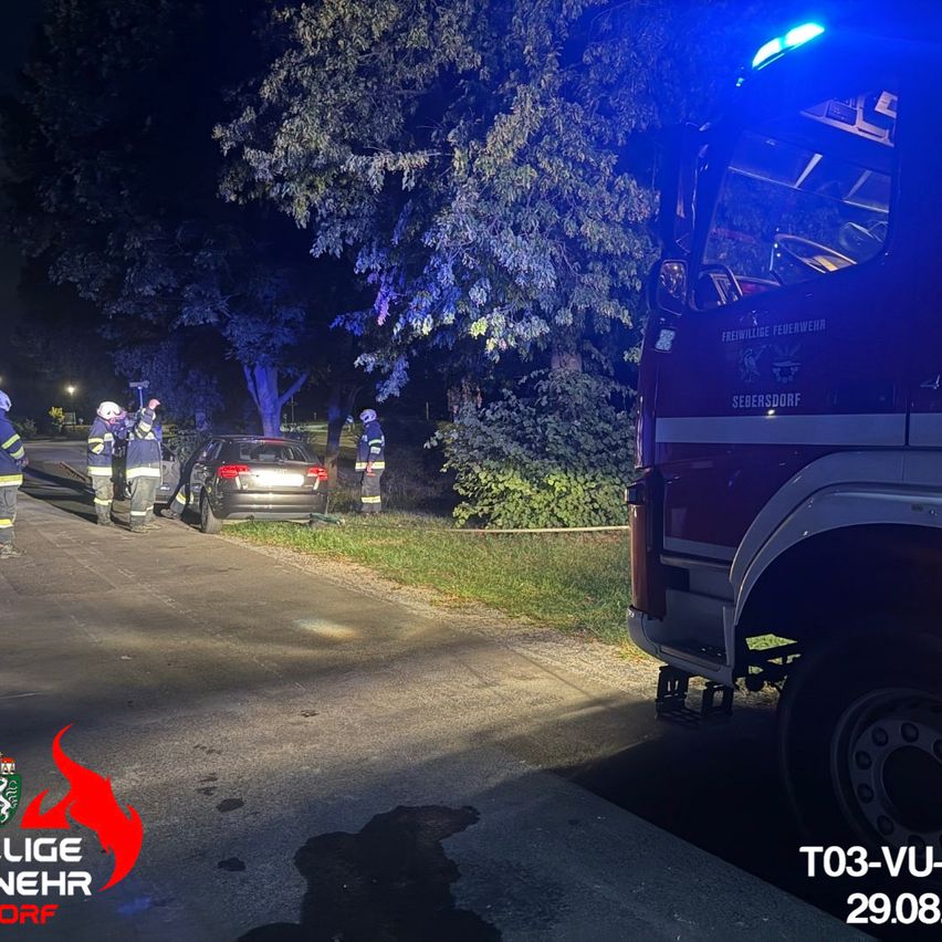 Feuerwehrleute in Schutzkleidung stehen um ein beschädigtes Auto auf einer Straße bei Nacht. Ein Feuerwehrwagen ist in der Nähe geparkt.