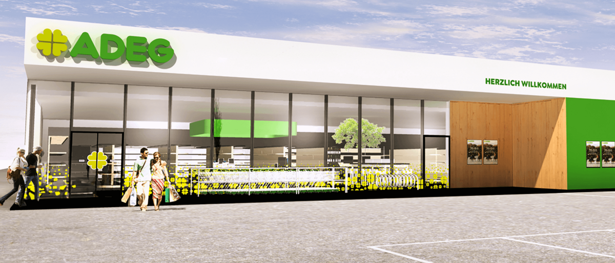 Eine künstlerische Darstellung eines Ladens mit einem grünen Schild, das DEG liest. Zwei Personen gehen davor. Der Laden hat Glaswände und Türen.