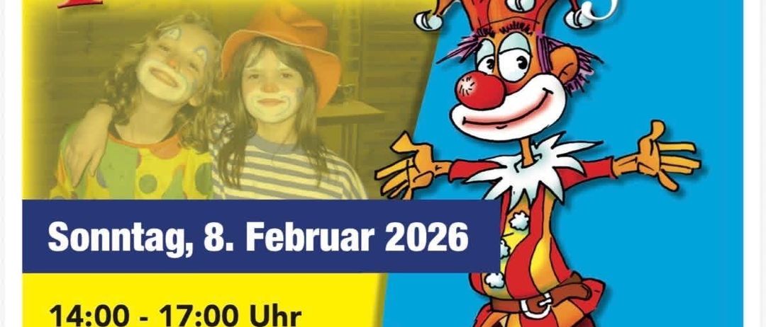 Plakat für Hemmoorer Kinderfasching am Sonntag, 8. Februar 2026, von 14-17 Uhr. Mit Clown-Illustration, Veranstaltungsdetails und einem Foto von zwei Kindern. Der Eintritt kostet 3,50 Euro.