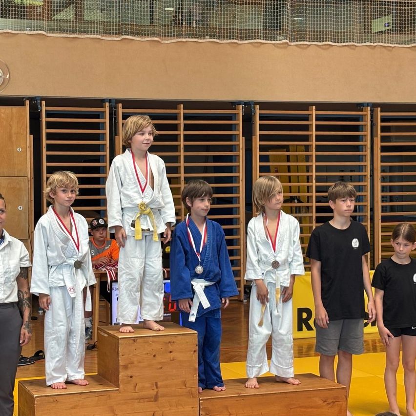 Sechs junge Jungen stehen auf einem Podium und tragen Kampfsportuniformen. Sie haben Medaillen um den Hals. Ein Junge trägt eine weiße Uniform und ein anderer eine blaue Uniform.