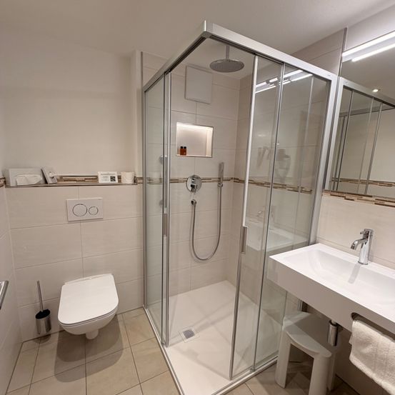 Ein modernes Badezimmer verfügt über eine Duschkabine aus Glas, ein weißes Waschbecken, eine Toilette und einen Handtuchhalter. Die Dusche hat einen Duschkopf und einen Handbrause. Wände und Boden sind gefliest, und der Raum ist gut beleuchtet.
