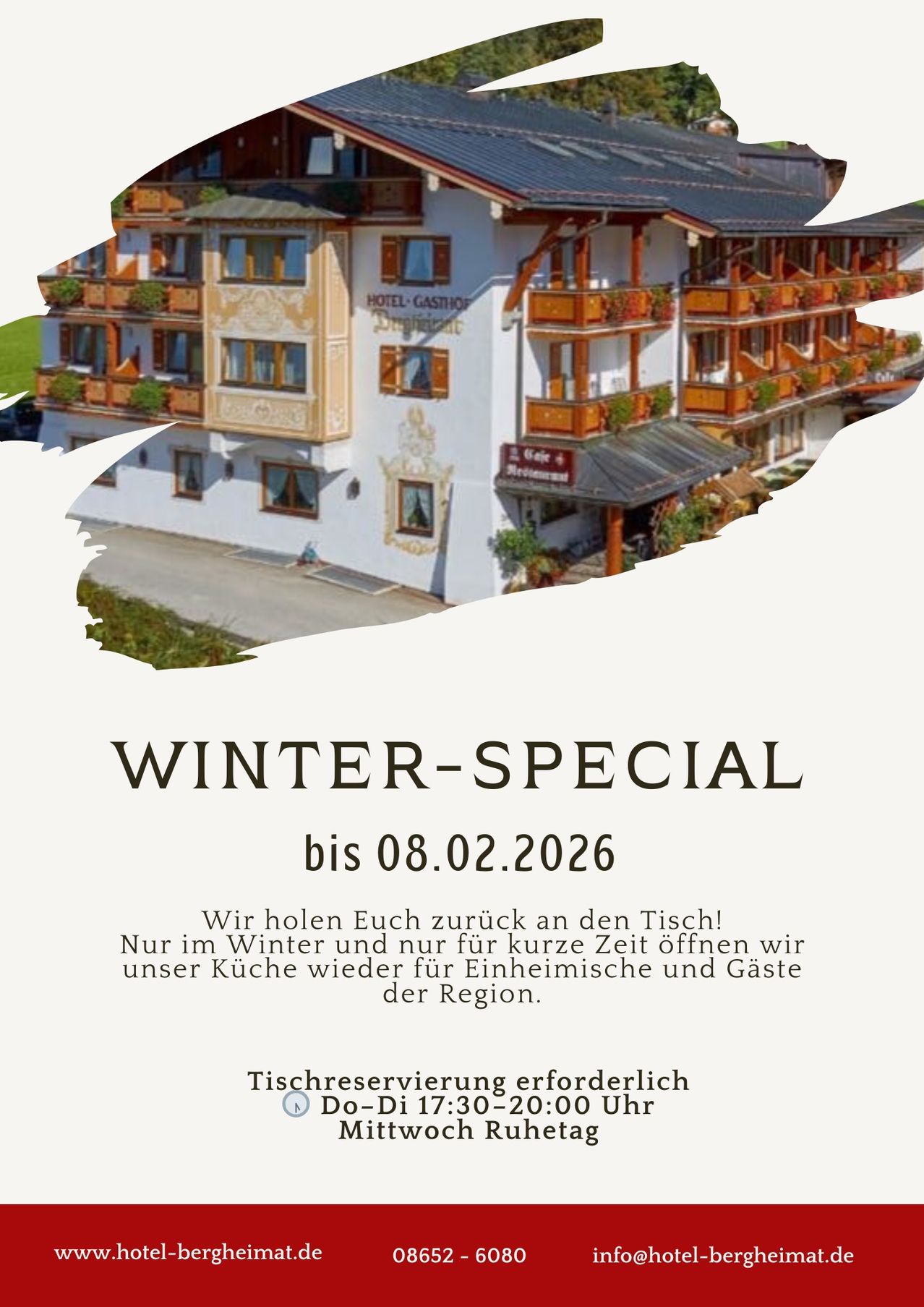 Eine Werbung für ein Winter-Special in einem Hotel bis zum 08.02.2026. Das Hotel zeigt eine traditionelle Gestaltung mit Holzbalkonen, einem Restaurant und üppiger Grünfläche. Der Text lädt Gäste für eine kurze Zeit im Winter ein.