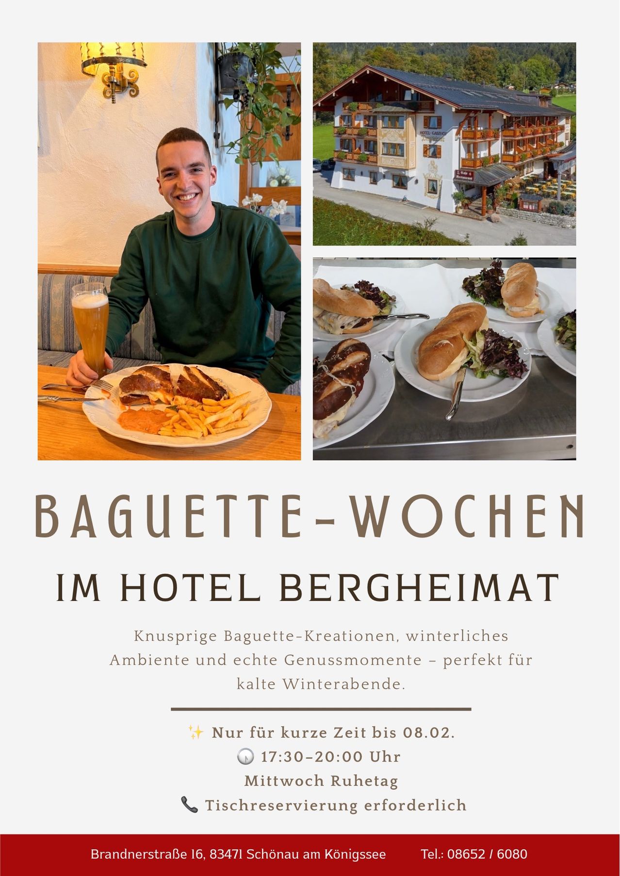 Ein Mann sitzt an einem Tisch mit einem Teller Essen und einem Glas Bier. Der Text lautet 'Baguette-Wochen im Hotel Bergheimat'. Teller mit Essen und Sandwiches sind zu sehen.