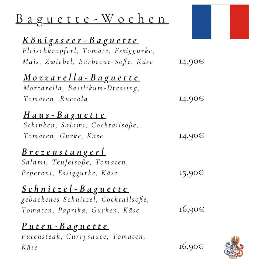 Weekly baguette menu showing baguettes with various ingredients and prices. The French flag is present on the menu.