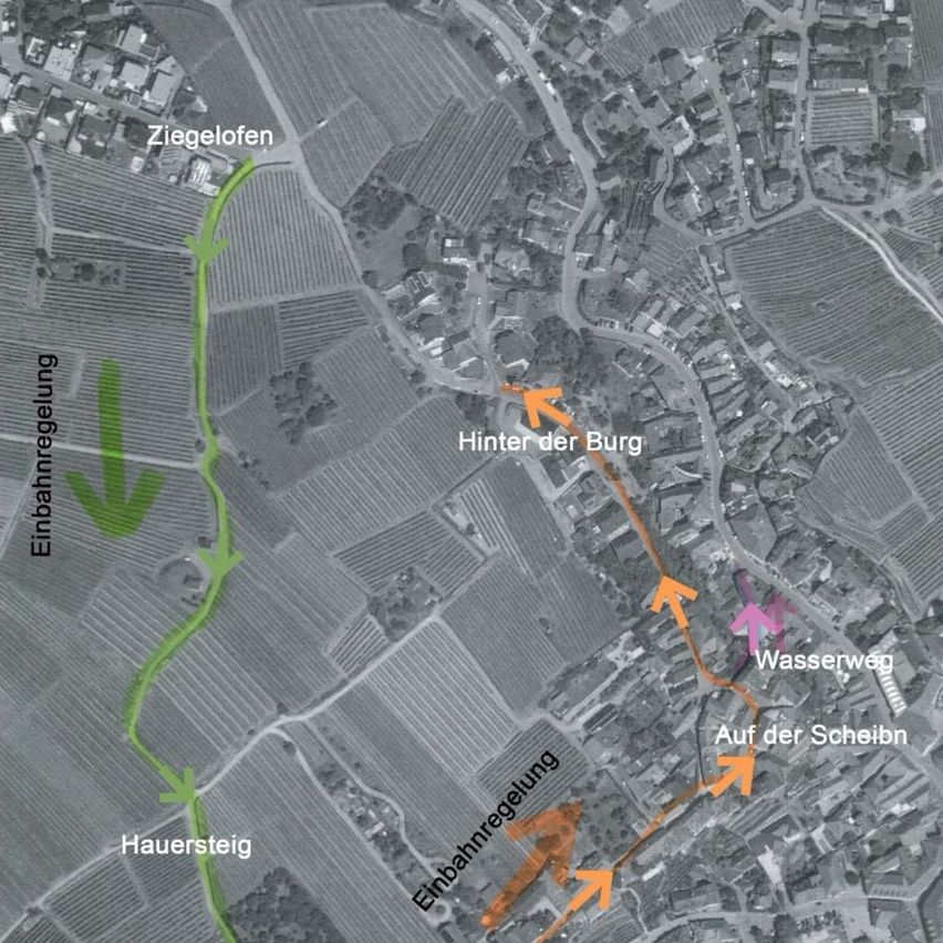 Eine Karte zeigt den Verlauf einer grünen Eisenbahnlinie durch ein Dorf mit verschiedenen benannten Orten wie 'Ziegelofen', 'Hinter der Burg', 'Wasserweg' und 'Auf der Scheibn'. Pfeile zeigen Richtungen und Sehenswürdigkeiten an.