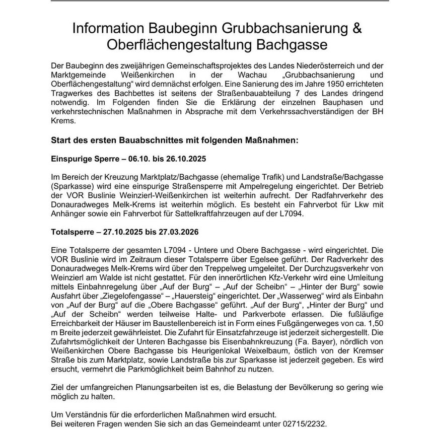 Beginn des zweijährigen Gemeinschaftsprojekts des Landes Niederösterreich und der Marktgemeinde Weißenkirchen in der Wachau "Ditch cleaning and surface configuration Bachgasse." Der Beginn des Straßenbaues im Jahre 1950 machte die notwendigen Arbeiten der Bachgassenbrücke unerlässlich. Im Folgenden finden Sie die Erklärung der einzelnen Bauphasen und verkehrstechnischen Maßnahmen in Absprache mit dem Verkehrsausschuss der BH Krems.