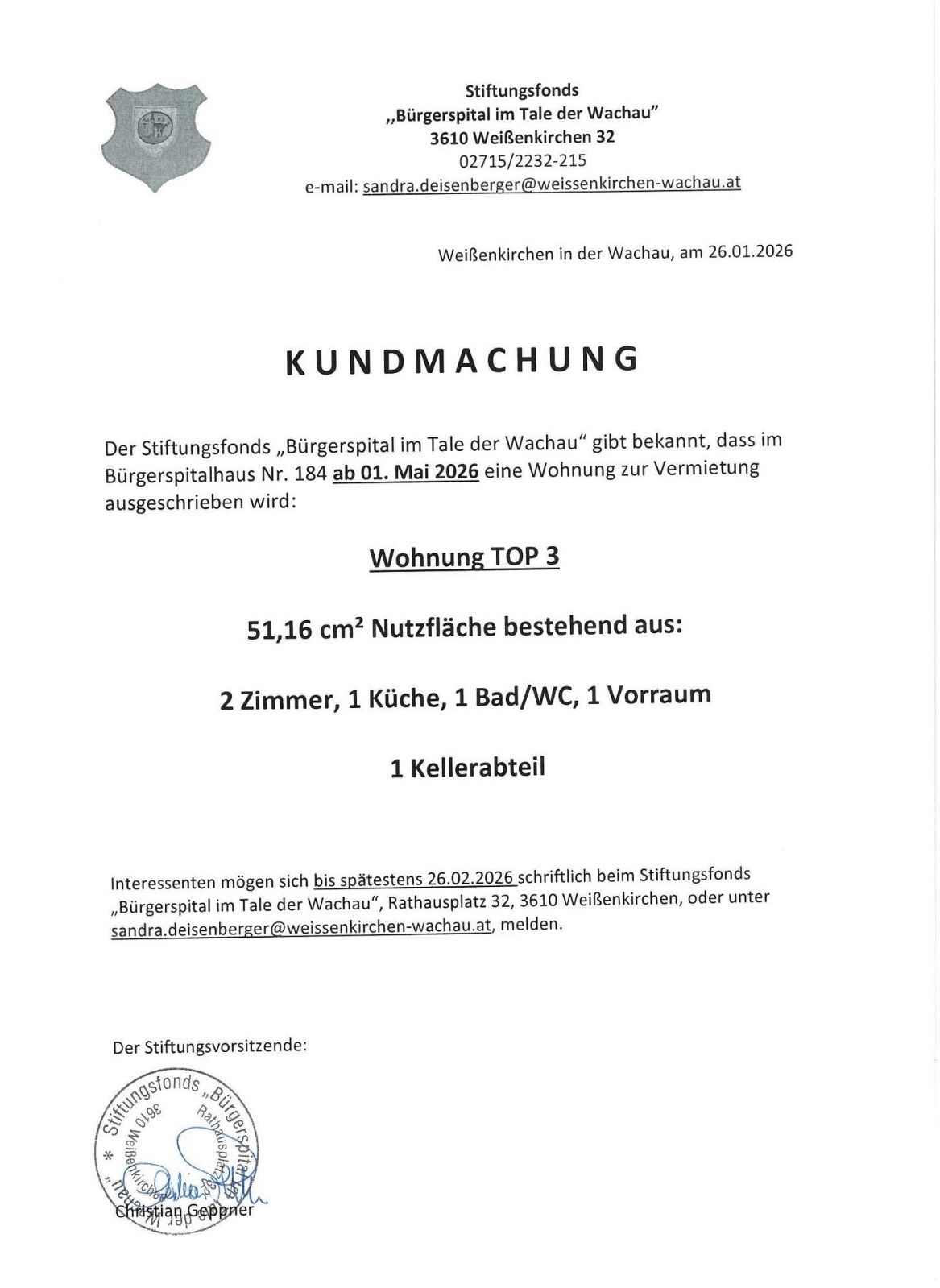 Ankündigung einer Mietwohnung im Wachau-Tal. Die Wohnung befindet sich in Gebäude 184 und hat eine Wohnfläche von 51,16 Quadratmetern. Sie besteht aus 2 Zimmern, 1 Küche, 1 Bad/WC, 1 Vorraum und 1 Keller. Interessenten können ihre Bewerbung bis zum 26.02.2026 einreichen.