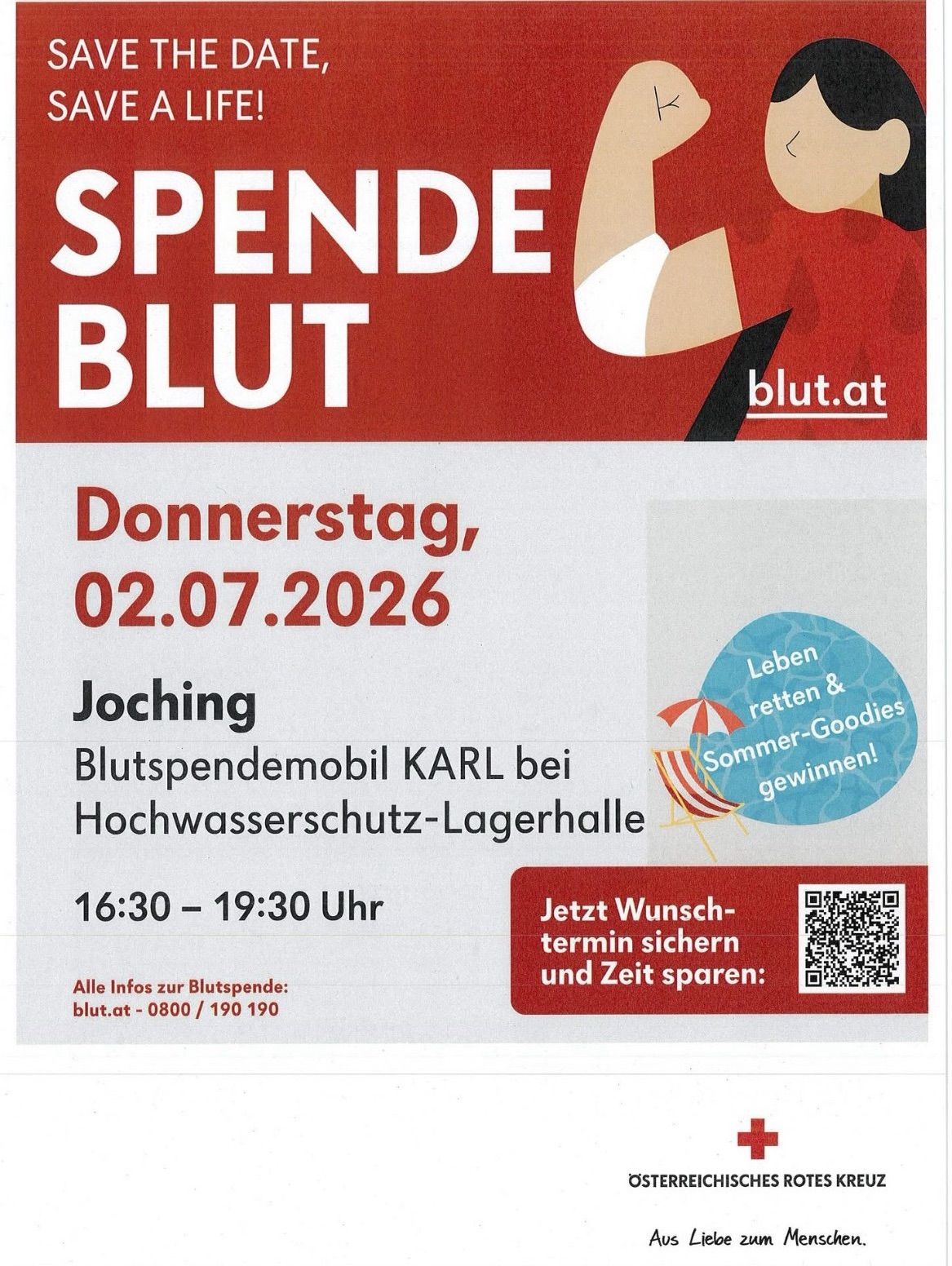 Eine Anzeige für Blutspende am 02.07.2026. Das Blutspendemobil befindet sich in Joching Hochwasserschutz Lagerhalle von 16:30 bis 19:30 Uhr. QR-Code für Terminbuchung.