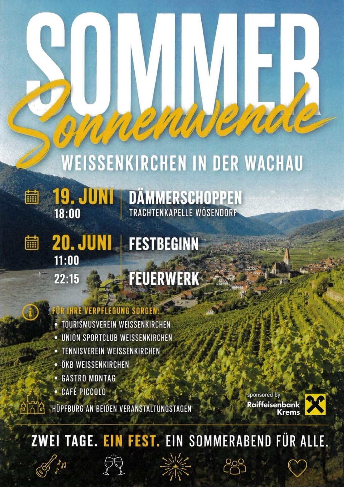 Plakat für ein Festival in Weissenkirchen, Wachau. Veranstaltungen beinhalten eine Laternenprozession am 19. Juni und Festivalbeginn am 20. Juni. Mit malerischen Weinberg- und Dorfansichten.