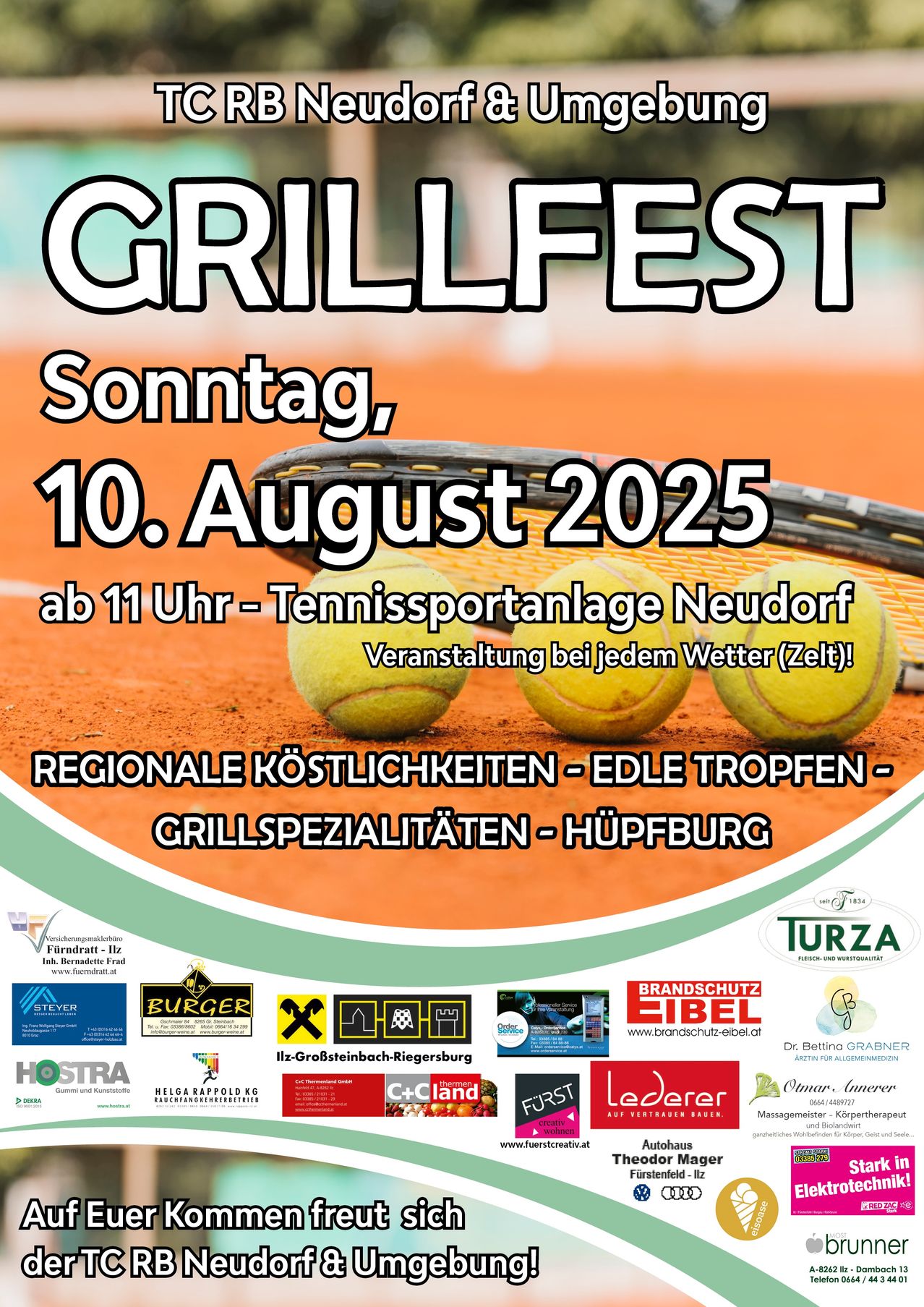 Grillfest-Plakat für Sonntag, 10. August 2025, um 11 Uhr auf dem Tennisplatz Neudorf. Mit Tennisbällen, Tennisschläger und verschiedenen Lebensmittel- und Getränkewerbungen.