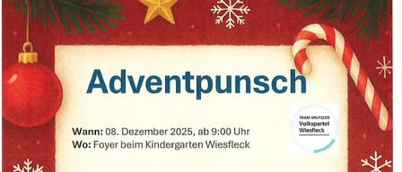 Das Bild ist eine Anzeige für eine Adventpunsch-Veranstaltung. Die Veranstaltung findet am 8. Dezember 2025 ab 9:00 Uhr im Foyer des Kindergartens Wiesfleck statt. Die Veranstaltung umfasst warmen Punsch, kleine Köstlichkeiten und ein geselliges Beisammensein. Der gesamte Reinerlös kommt dem Kindergarten Wiesfleck zugute. Vielen Dank für Ihre Unterstützung.