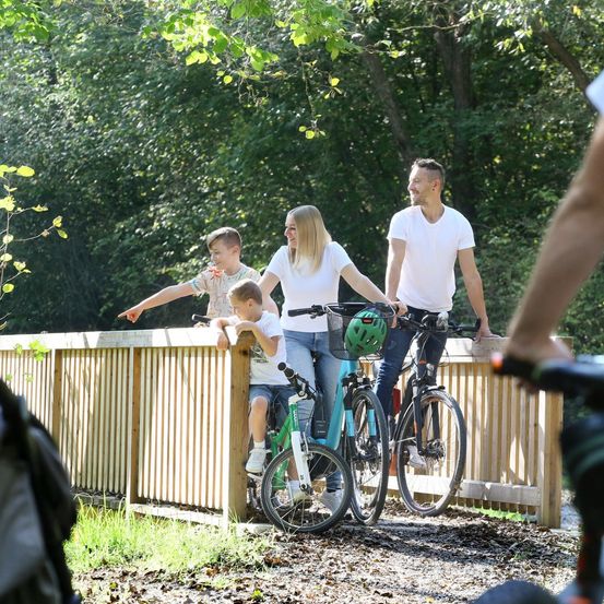 Eine vierköpfige Familie mit zwei kleinen Kindern genießt einen sonnigen Tag und fährt mit ihren Fahrrädern auf einer von Bäumen umgebenen Holzbrücke.