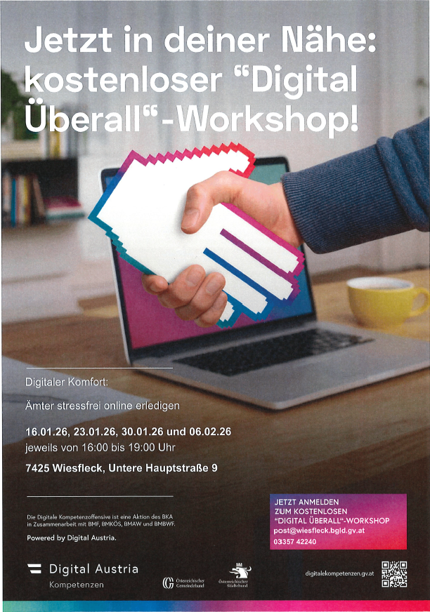Werbung für ein kostenloses digitales Workshop. Daten und Uhrzeiten aufgelistet, zusammen mit Kontaktinformationen. Eine Hand hält ein Stück Papier über einem Laptop.