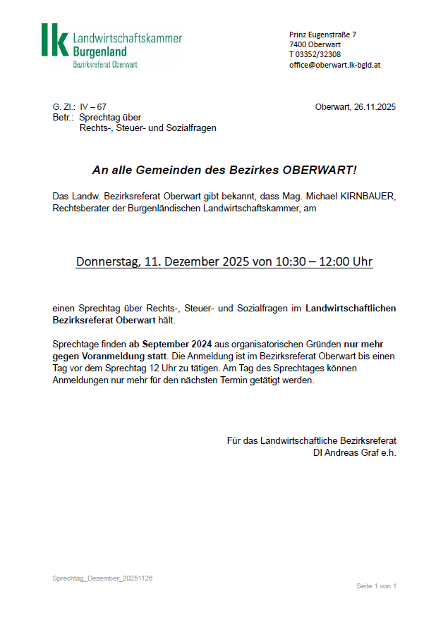 Amtlicher Brief des Bezirksamtes Oberwart über einen Beratungstag zu Rechts-, Steuer- und Sozialfragen für Landwirte, geplant für den 11. Dezember 2025 von 10:30 bis 12:00 Uhr. Anmeldungen werden nur bis September 2024 akzeptiert.