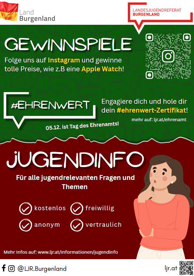 Poster für Jugendinfo. Folge uns auf Instagram und gewinne tolle Preise, wie z.B. eine Apple Watch! Engagiere dich und sichere dir dein Ehrenwert-Zertifikat! 05.12. ist Tag des Ehrenwerts! Kostenlos, freiwillig und vertraulich. Mehr Infos auf www.lirat.at/informationen/jugendinfo.