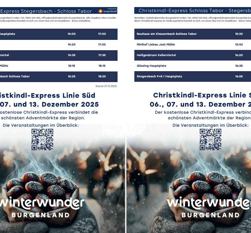 Das Bild zeigt einen Fahrplan für den Christkindl-Express. Der Zug verbindet verschiedene Orte in Südburgenland, einschließlich Schloss Tabor, an bestimmten Dezembertagen 2025. Es enthält auch QR-Codes für weitere Informationen.