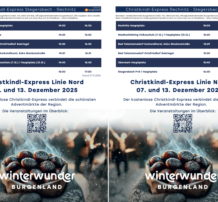 Der Express Stegersbach-Fahrplan zeigt verschiedene Orte und Zeiten, einschließlich Rechitz, Stadtschlaing, Bad Tatzmannsdorf und Oberwart. Der Christkindl-Express verbindet mehrere Orte. Er ist kostenlos und fährt am 7. und 13. Dezember 2025.