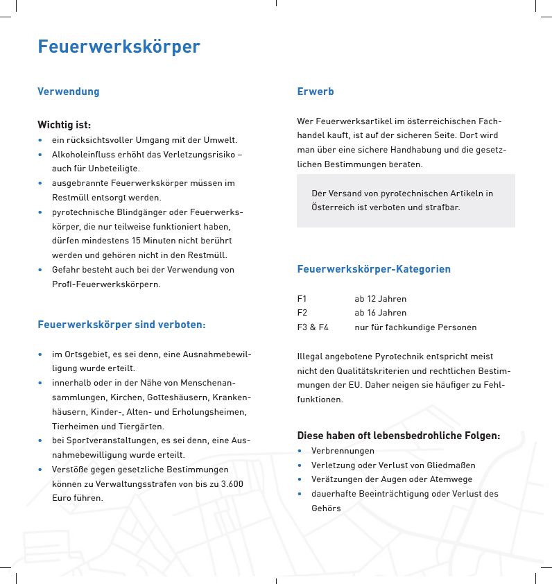 Das Dokument mit dem Titel 'Feuerwerkskörper' beschreibt die Vorschriften für den Feuerwerksgebrauch in Österreich und betont Sicherheit und rechtliche Einhaltung. Es kategorisiert Feuerwerksartikel, verbietet deren Verwendung in bestimmten Bereichen und hebt mögliche Strafen für Versteße hervor.