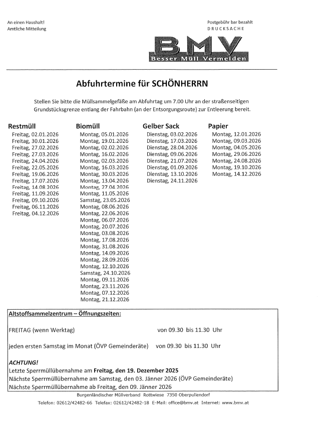 Das Bild zeigt ein Dokument mit dem Titel 'Abfuhrtermine für SCHÖNHERRN'. Es listet Termine für die Abholung verschiedener Abfallarten auf: Biomüll, Gelber Sack und Papier. Jede Abfallart hat spezifische Abholtage von Montag bis Samstag. Das Dokument gibt auch die Öffnungszeiten des Abfallsammelzentrums am Freitag an. Die letzte Abholung jeder Abfallart ist für Freitag, den 19. Dezember 2025, geplant.