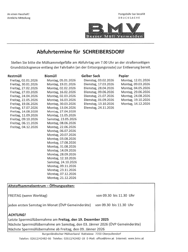 Ein Flyer informiert über die Abfallsammeltermine für Schreibersdorf. Es wird angewiesen, die Abfallbehälter bis 7:00 Uhr am Abfuhrtag am Straßenrand bereitzustellen. Die nächsten Abholtermine für Biomüll, Bioabfall, gelbe Säcke und Papier sind aufgelistet. Die Öffnungszeiten des Abfallsammelzentrums werden ebenfalls angegeben. Die letzte Abfallsammlung für 2025 ist am 19. Dezember und die erste für 2026 am 3. Januar.
