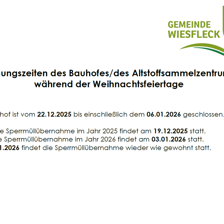 Der Bahnhof/das Altstoffsammelzentrum ist vom 22.12.2025 bis einschließlich 06.01.2026 geschlossen. Die Sperrmüllübernahme im Jahr 2025 findet am 19.12.2025 statt. Die Sperrmüllübernahme im Jahr 2026 findet am 03.01.2026 statt. Am 01.01.2026 findet die Sperrmüllübernahme wieder wie gewohnt statt.