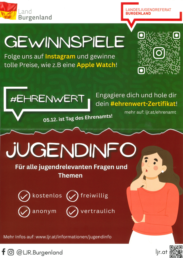 Ein Instagram-Werbeplakat mit einem Gewinnspiel. Folge ihnen für die Chance, Preise wie eine Apple Watch zu gewinnen. Die Anzeige bewirbt auch ein Ehrenwert-Zertifikat für den 5. Dezember. Unten bietet es Jugendinfo für jugendrelevante Fragen und Themen, beschrieben als kostenlos, freiwillig und vertraulich.
