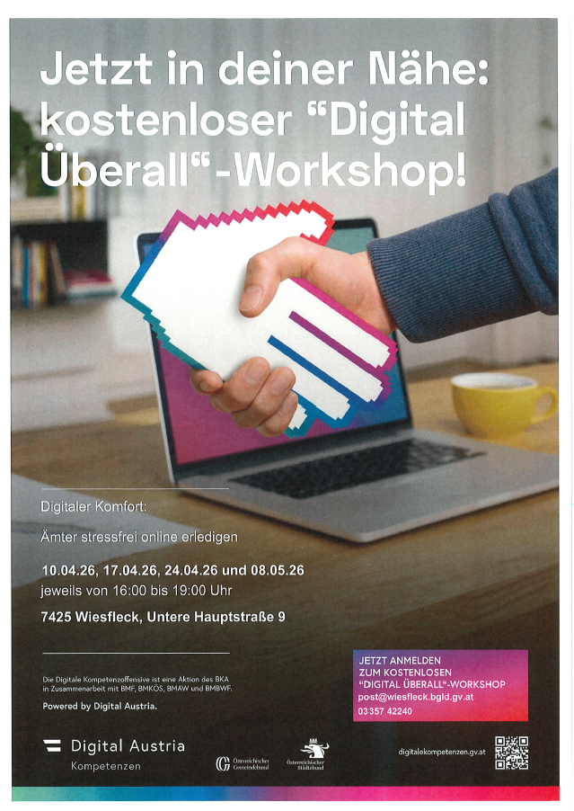 Plakat bewirbt ein kostenloses 'Digital Ubärall'-Workshop. Datumsangaben. Adresse und Kontakt-E-Mail. Durchgeführt von Digital Austria.