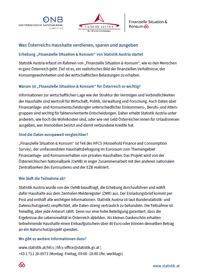 Statistik Austria erfasst im Rahmen von „Finanzielle Situation & Konsum“, wie es den Menschen in ganz Österreich geht. Ziel ist es, ein reales Bild der finanziellen Verhältnisse, der Konsumgewohnheiten und der wirtschaftlichen Belastungen zu erhalten.