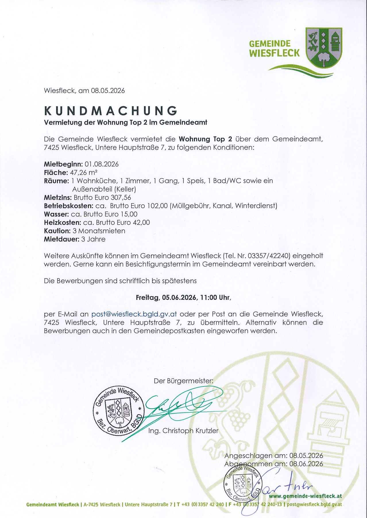 Wiesfleck, 08.05.2026, Bekanntmachung: Die Gemeinde Wiesfleck vermietet die Wohnung Top 2 bei 7425 Wiesfleck, Untere Hauptstraße 7, zu folgenden Bedingungen: Mietbeginn: 01.08.2026, Fläche: 47,26 m2, Räume: 1 Wohnzimmer, 1 Gang, 1 Speise, 1 Bad/WC und ein Balkon (Keller), Mietzins: 307,56 Euro, Betriebskosten: ca. 307,56 Euro, Wasser: ca. 15,00 Euro, Heizkosten: ca. 42,00 Euro, Kaution: 3 Monatsmieten, Mietdauer: 3 Jahre