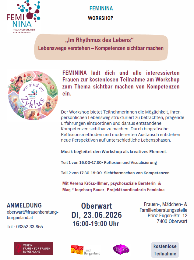 Femina lädt dich und alle interessierten Frauen zur kostenlosen Teilnahme am Workshop ein, um Kompetenzen sichtbar zu machen. Der Workshop bietet Teilnehmerinnen die Möglichkeit, ihren persönlichen Lebensweg strukturiert zu betrachten, basierend auf Erfahrungen und daraus entstehenden Kompetenzen sichtbar zu machen. Durch biografische Reflexionsmethoden und modernen Austausch entstehen neue Perspektiven auf unterschiedliche Lebensphasen. Musik begleitet den Workshop als kreatives Element.
