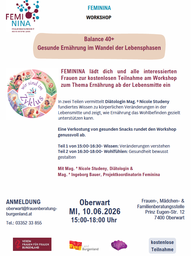 Workshop für Frauen über 40 zu gesunder Ernährung. In zwei Teilen teilt Nicole Studeny Wissen zu körperlichen Veränderungen in Lebensphasen. Gesunde Snacks werden bereitgestellt. Teil 1: Veränderungen verstehen von 15:00-16:30. Teil 2: Wohlbefinden gestalten von 16:30-18:00.