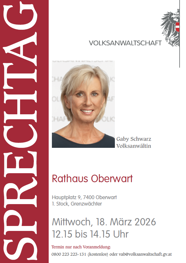 Plakat mit einer Frau namens Gaby Schwarz, die Volksanwältin ist, geplant für eine Rede im Rathaus Oberwart am Mittwoch, 18. März 2026, von 12:15 bis 14:15 Uhr.