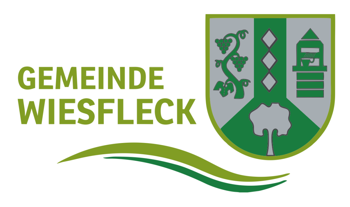 Das Bild zeigt ein Logo mit schwarzem Hintergrund. Es enthält einen grünen und weißen Schild, eine Weinrebe, einen Diamanten und einen Baum. Der Text 'MEINDE ESFLECK' ist in fetten weißen Buchstaben über dem Schild geschrieben.
