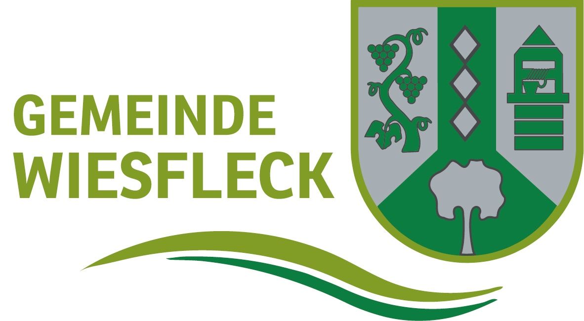 Logo der Gemeinde Esfleck. Es zeigt eine stilisierte grüne Weinrebe mit Trauben und einem Baum. Der Hintergrund ist eine grüne und weiße Welle.