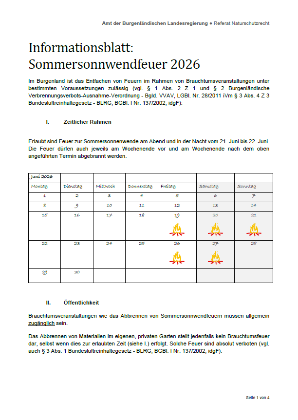 Ein Informationsblatt über das Sommersonnenwendefeuer 2026 in Burgenland. Es erlaubt Feuer am Wochenende und in der Nacht vom 21. bis 22. Juni. Der Kalender zeigt Termine für jeden Tag vom 1. bis 28. Juni.