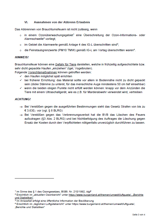 Das Dokument erklärt die Ausnahmen für das Löschen von Bränden. Es besagt, dass das Löschen von Bränden nicht erlaubt ist, wenn der Ozonwert den Alarmwert überschreitet oder wenn die Alarmwerte im Bereich überschritten werden. Es erwähnt auch die Strafen für Verstöße.